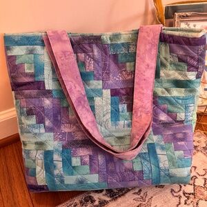 Handmade Quilted Tote Bag, Purple, Blue